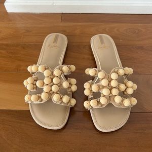Sam Edelman Beige Pom-Pom Slide Sandals